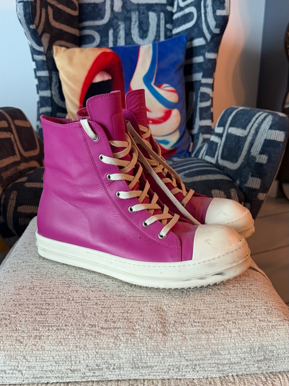 Rick Owens Men’s Fuchsia High-Top Leather Sneakers - Casual Chic